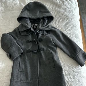 Grey toddler hooded peacoat with claps and snaps. Approx size 4T